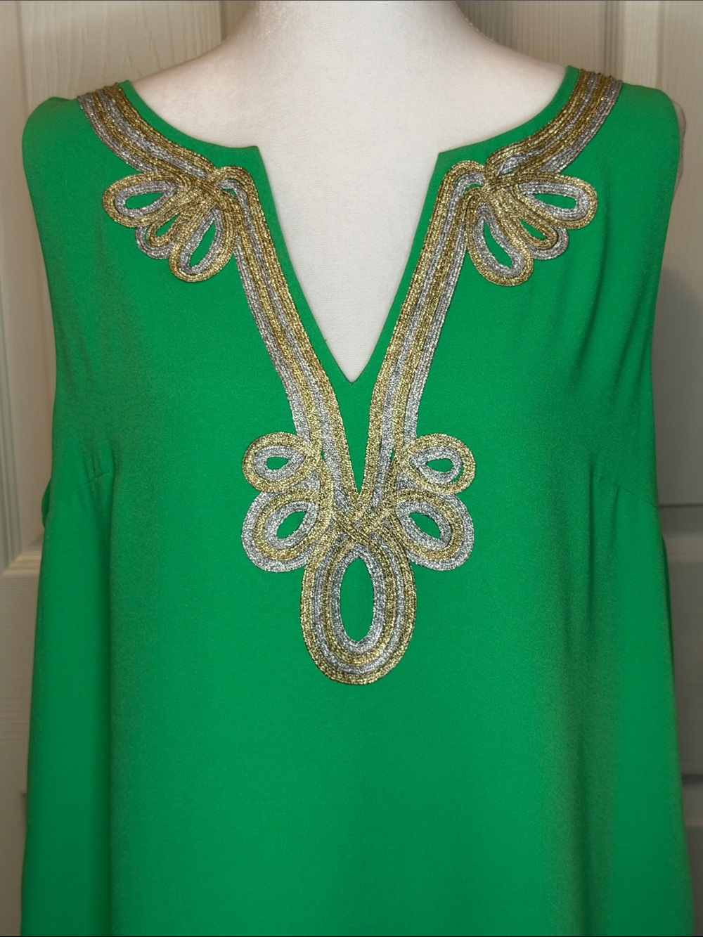Lilly Pulitzer Green Midi Dress with Gold & Silver Embellished Neckline